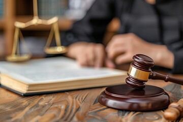 lawyer or judge working with law book and gavel on wooden table