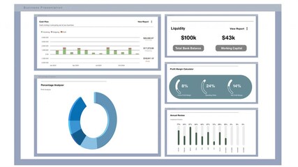 Poster - 3D render of financial program UI used to make statistical charts showing company profits. Animation of accounting report showing assets liquidity profit margin and cash flow