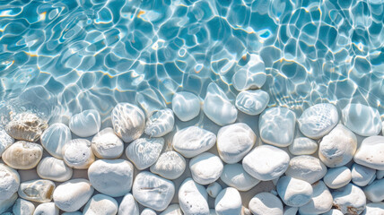 Abstract background with white pebbles and clear water. Beautiful natural background with sea rocks and sea water.