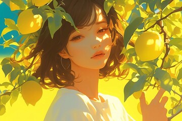 A beautiful and cute girl holding a lemon, japanese anime style character illustration, bright and romantic.