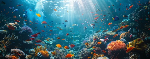 Wall Mural - A vibrant underwater world teeming with colorful fish and coral reefs, illuminated by shafts of sunlight piercing through the water's surface.