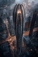 A futuristic skyscraper at night.