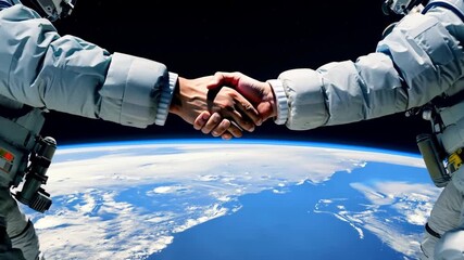 Poster - two astronauts in spacesuits shake hands while floating in space over earth.