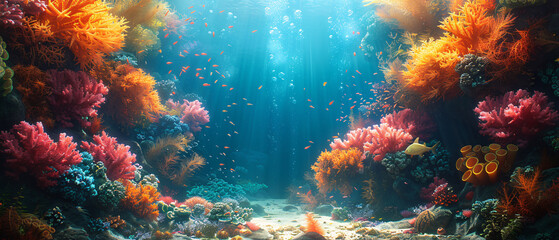 Vibrant Coral Reef Underwater Scene With Fish And Sunlight