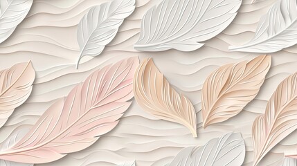 Wall Mural - A close-up of a textured background with white and pink 3D feathers on a wavy surface SEAMLESS PATTERN