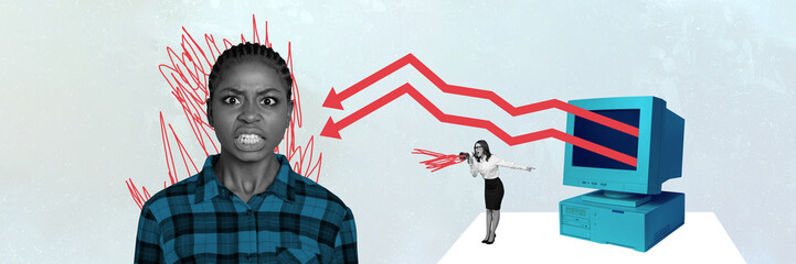 Poster - Creative financial collage illustration of business lady scream at sales manager diagram finances recession isolated on grey color background