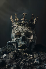 Poster - Spooky human skeleton skull with weathered crown placed on pile of ash against black background