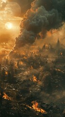 Poster - City in ruins, sky filled with smoke, large moon visible. Damaged buildings, flames, chaotic scene. The colors are reminiscent of a sunset, fiery reds, oranges, browns, and blacks hint at heavy destru