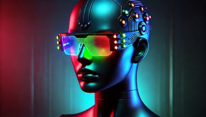 Wall Mural - A futuristic mannequin head wearing neon-colored, high-tech glasses