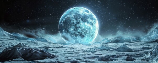 Wall Mural - frozen moon with icy surface, 4k hyperrealistic photo
