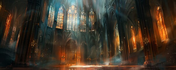 Wall Mural - An ancient cathedral with soaring spires and stained glass windows, its interior filled with a sense of awe and wonder.