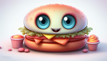 Wall Mural - 3d cartoon fast food cute eyes on isolate white background