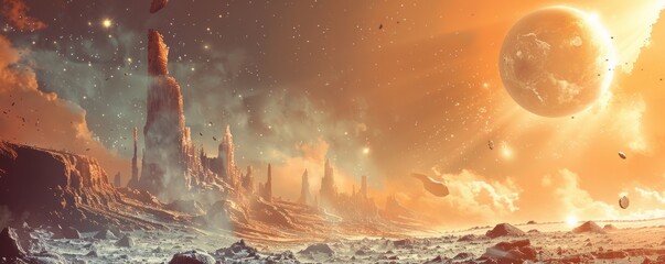 Wall Mural - an otherworldly landscape of alien rock formations and strange geological features, bathed in the li