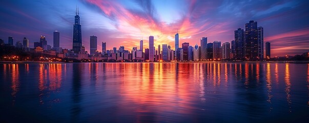 Sticker - Dynamic city skyline at twilight, 4K hyperrealistic photo