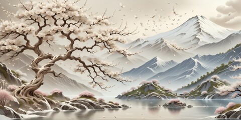 Aufkleber - Digital art piece that appears to be landscape scene It cherry t