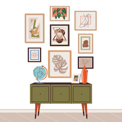 Wall Mural - Living room interior. Interior scene in mid-century scandinavian style. Cozy furnished room. Interior design with furniture, framed paintings, decor, and a chest of drawers. Flat vector illustration.