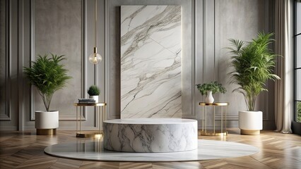 Luxurious marble podium adding sophistication to a minimalist Scandinavian living room , luxury, lifestyle