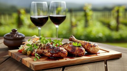 Wall Mural - A close-up of four chicken drumsticks covered in a glossy glaze, served with a side of coleslaw and pickles on a wooden cutting board