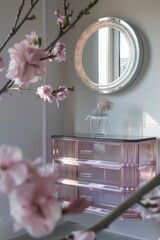 modern luxury bathroom with mirror and pink flower.