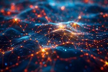 Poster - Abstract Digital Network Visualization with Glowing Nodes and Waves