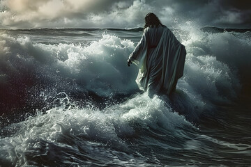 Wall Mural - dramatic portrayal of jesus walking on turbulent waters during a raging storm emphasizing divine power and faith