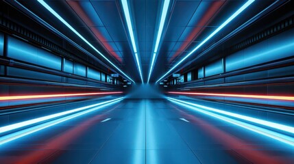 A dynamic, futuristic tunnel illuminated by vibrant blue and red lights, creating a sense of speed and motion.