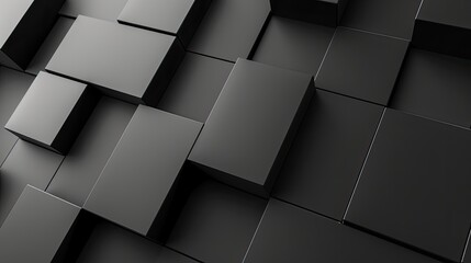 Poster - A close-up view of a wall constructed of numerous black cubes of varying sizes and arrangements, creating a geometric abstract background