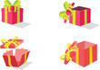 © artvector-23 - Red gift boxes vector collection. Festive present, Close and open gift boxes with yellow ribbons and bow isolated on white background. Surprise event celebration, greeting, birthday, sale, Christmas