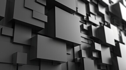 Poster - A close-up view of a wall constructed of numerous black cubes of varying sizes and arrangements, creating a geometric abstract background