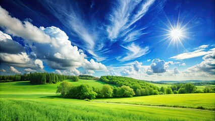 Beautiful blue sky and vibrant green landscape background , nature, beauty, sky, green, landscape, background