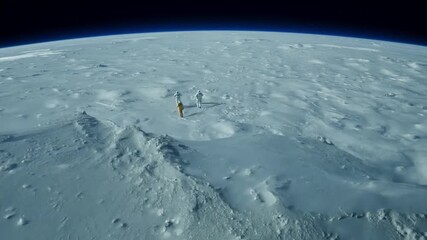 Poster - two astronauts in white spacesuits walk across the lunar surface with a view of earth in the distanc