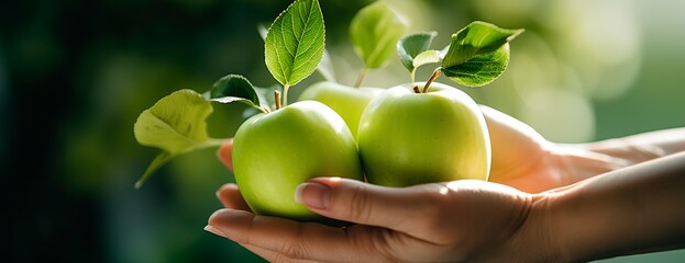 Wall Mural - Female hands holding green apples just picked. Close up shot