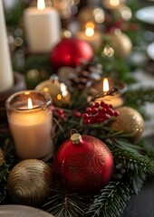 A close-up of a festive holiday centerpiece featuring red and gold ornaments pine branches and candles set on a beautifully decorated dining table