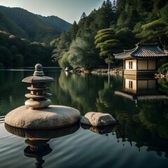 Poster - japanese garden with reflection