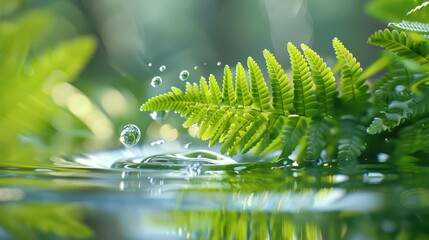 close-up of a fern leaf with water droplets reflecting sunlight.