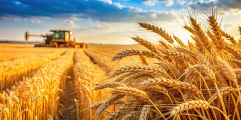 Wall Mural - a close-up photo of golden wheat being harvested in a rural field, wheat, agriculture, harvest, farm