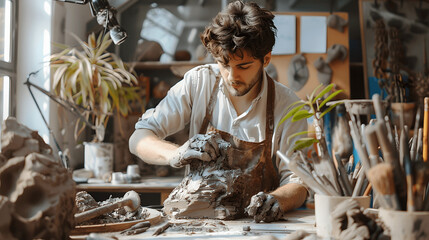 Artist sculpting with clay in modern studio