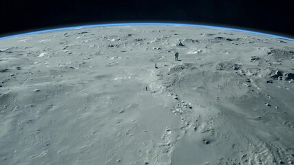 Poster - astronauts in spacesuits walk across the lunar surface during a space mission.