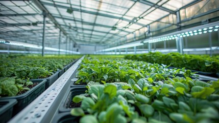 A high-tech greenhouse facility equipped with automated climate control systems, revolutionizing agriculture with year-round crop production.