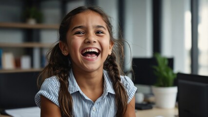 Poster - young kid hispanic girl hysterically laughing happy smiling portrait on office background with copy space