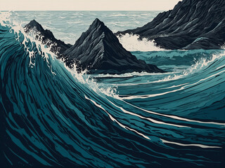 Wall Mural - Contemporary line art and paint print with ocean waves and mountain aesthetics, vector illustration