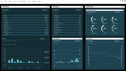 Poster - 3D render of financial profit calculator application UI showing company revenue and expenses. Animation of accounting annual review showing assets liquidity profit margin and cash flow