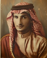 A man in a keffiyeh and thobe poses for a vintage photograph