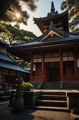 Poster - japanese temple facade front view with tree and dramatic lighting background