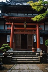 Poster - japanese temple facade front view with tree and dramatic lighting background