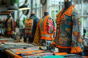 Several colorful, intricately designed patchwork jackets are displayed on mannequins in an artistic fashion studio, showcasing creative textile design and vibrant patterns.