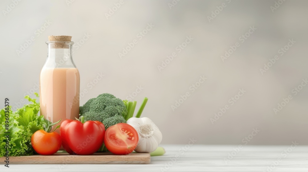 Fresh Vegetables and Smoothie in Glass Bottle on White Background.