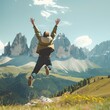 © Sasiwan - A joyful person leaps in the mountains, embracing nature's beauty and adventure amidst stunning peaks and vibrant scenery.