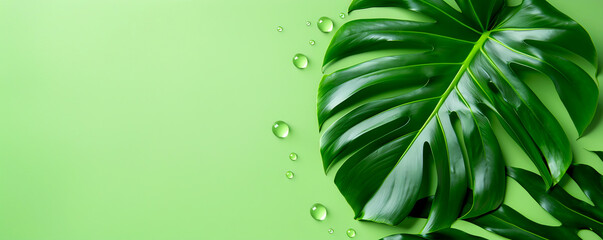 Poster - A vibrant green leaf with water droplets against a soft green background, evoking freshness and nature's beauty.