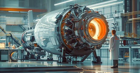 Poster - Scientist in white coat inspecting advanced jet engine in a modern laboratory